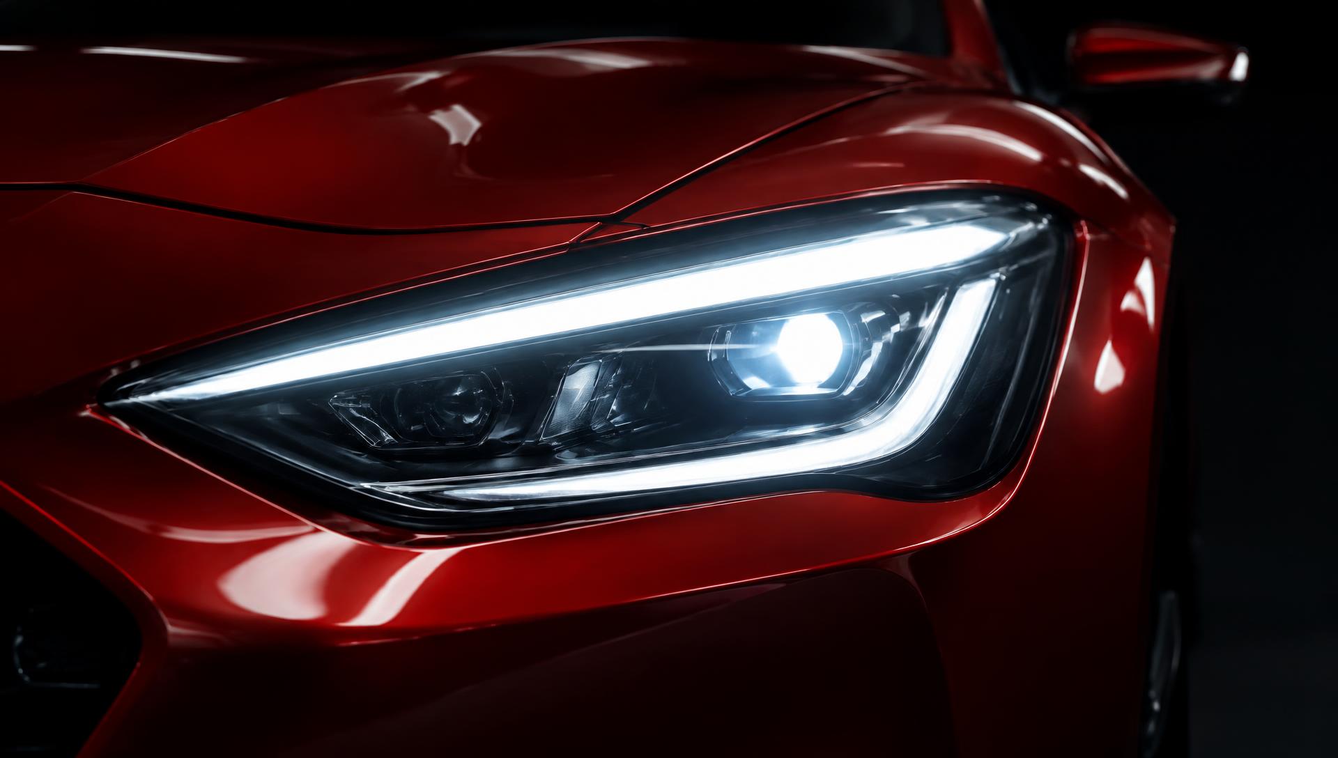LED headlight on red car