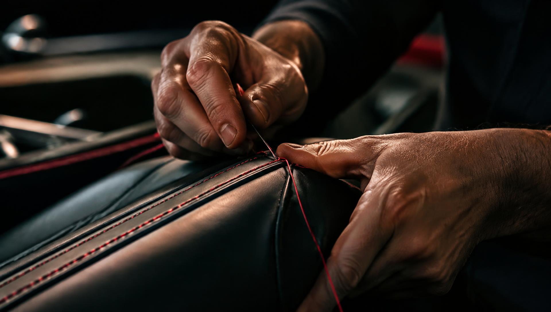 Hand-stitching leather with red thread