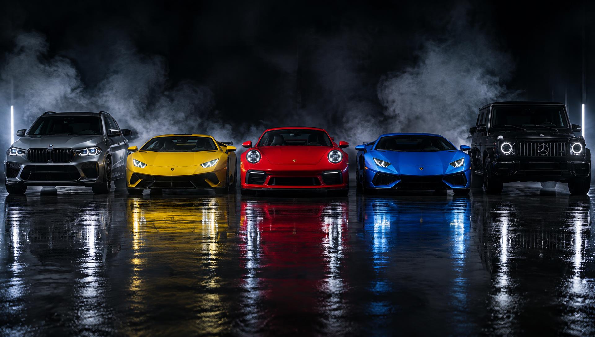 Five performance cars in a smoky studio